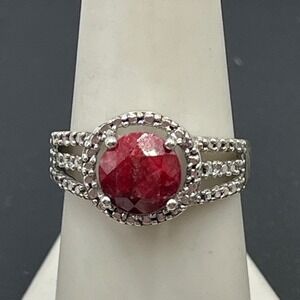 925 Sterling Silver Deep Red Checkerboard Stone Split‎ Shank Cocktail Ring 8.25